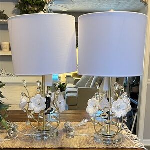 Rachel Zoe White and Silver Floral Table Lamps